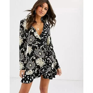 Missguided wrap dress with frill detail in mono paisley print